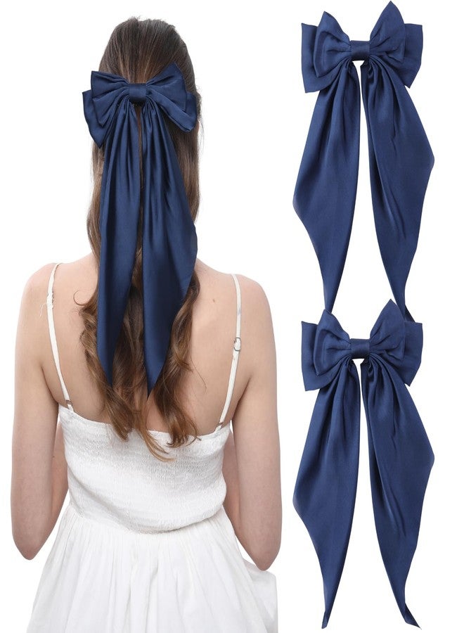 LuSeren 2PCS Big Hair Bow Clips for Women Girls – Navy Blue Satin Ribbon Bow Barrettes with Long Tails, Large Hair Accessories for Ponytail, Party, Wedding & Everyday Wear - Image 1